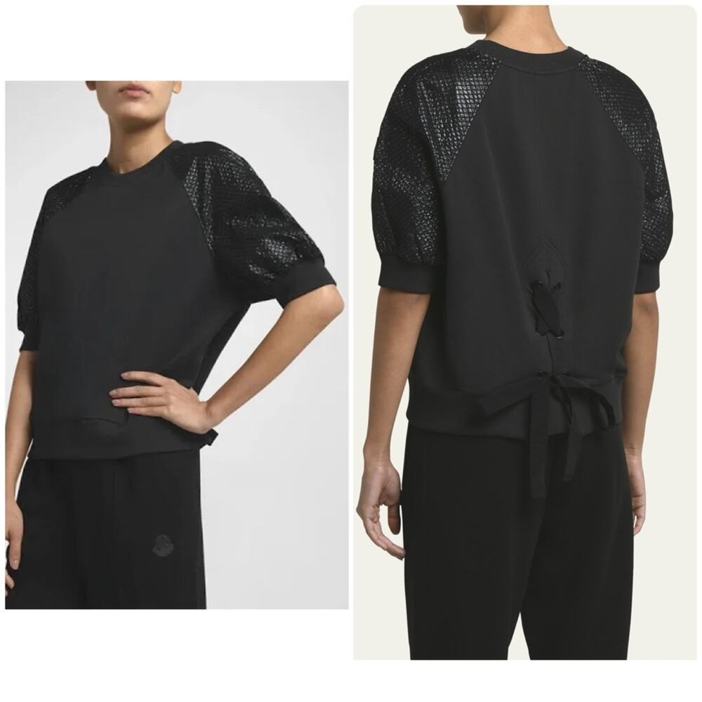 NEW Moncler Lace Up Crewneck Shirt Size Large Black Pullover Puff Sleeves